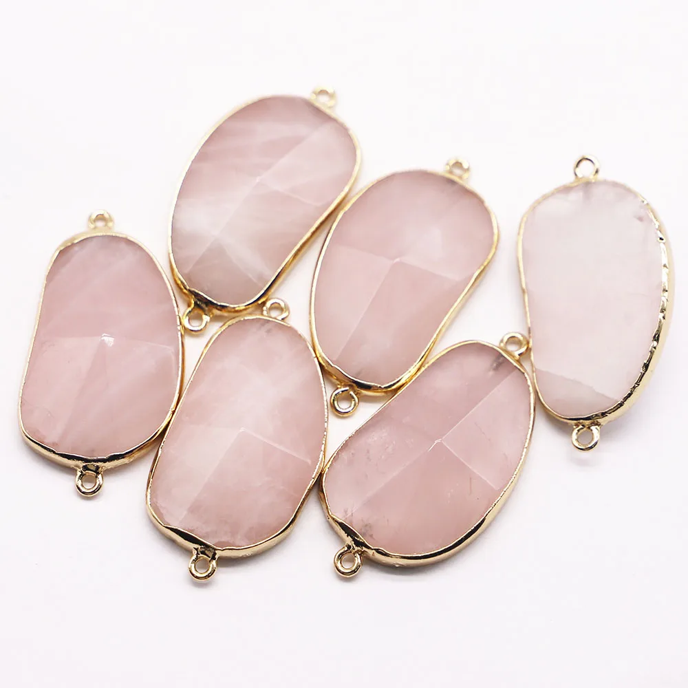 

New Natural Irregular Rose Quartz Stone Connector Pendants Gold Plated Edge Slice Necklace Charms Fashion Jewelry Wholesale 5Pcs