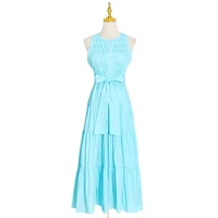 seaside holiday style elegant long dress 2022 summer new o neck sleeveless pleated pattern embroidery dress solid color dress