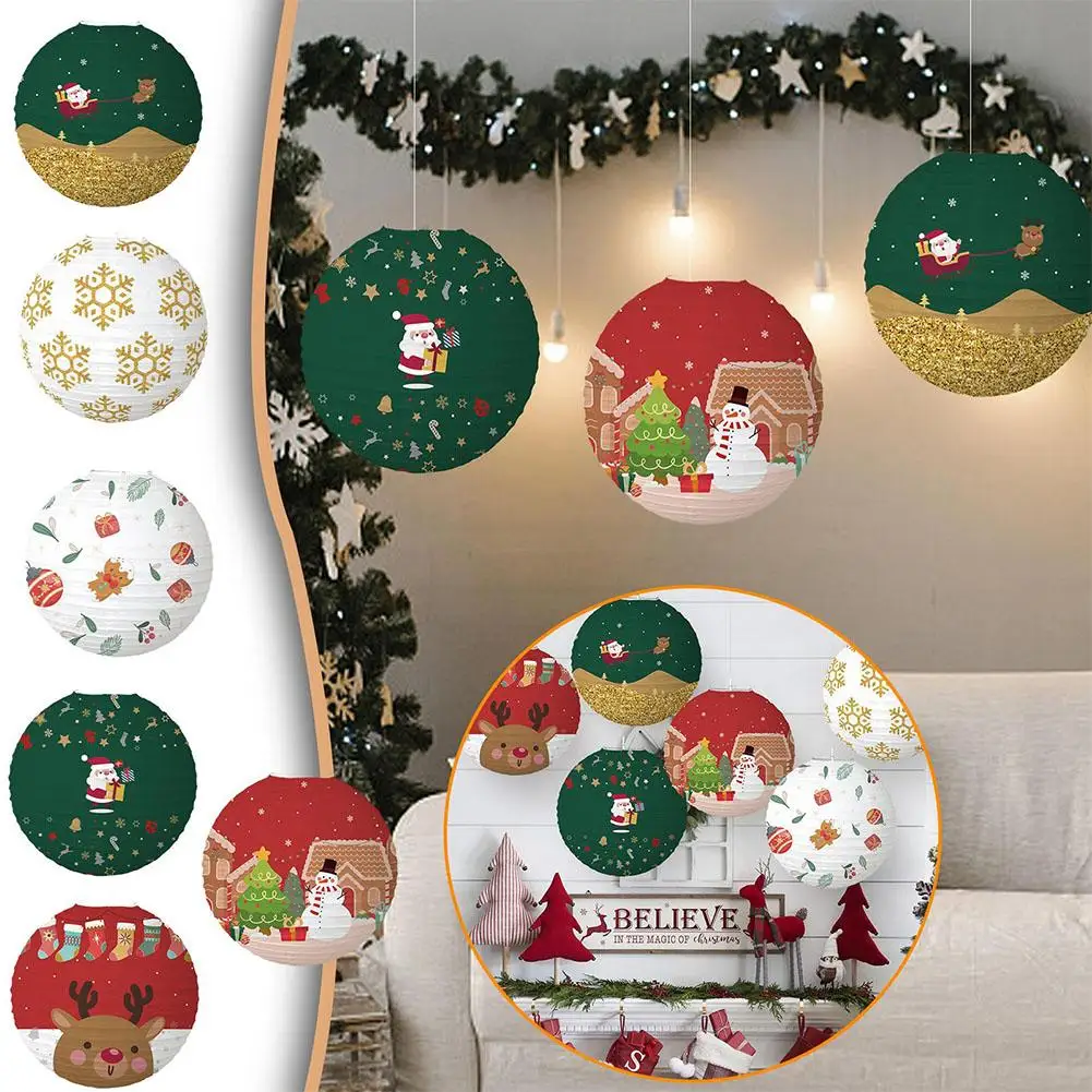 

30cm Christmas Hanging Paper Lanterns Xmas Santa Snowman Deer Ball Round Lanterns Christmas Decorations for Party Noel Supp K6W9