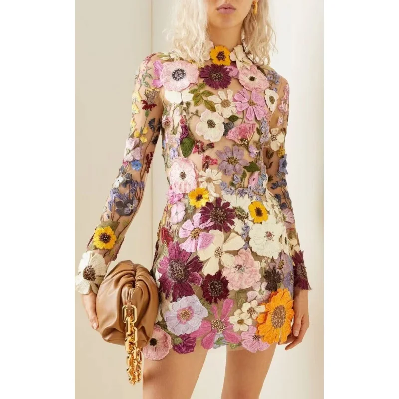 

Embroidered dress women 2023 summer casual Floral Luxury dresses fashion Half High Collar Lady Bodycon Party Female Dress