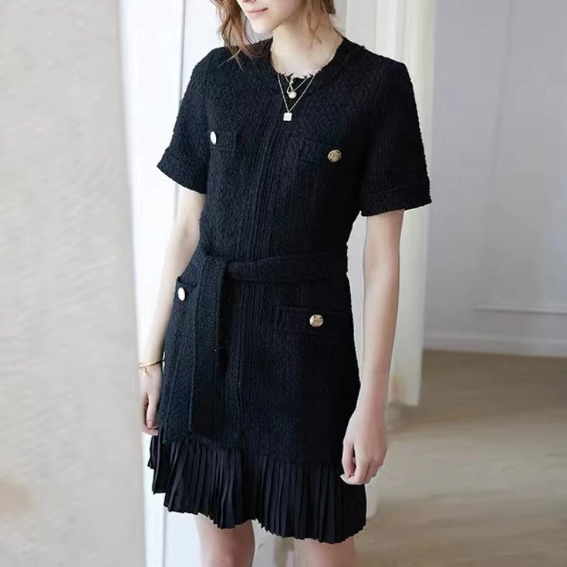 

Chic Elegance Pleated Patchwork Tweed Dress Women Vintage Multi-pocket Office Ladies Dresses French Brand Summer Casual Vestidos