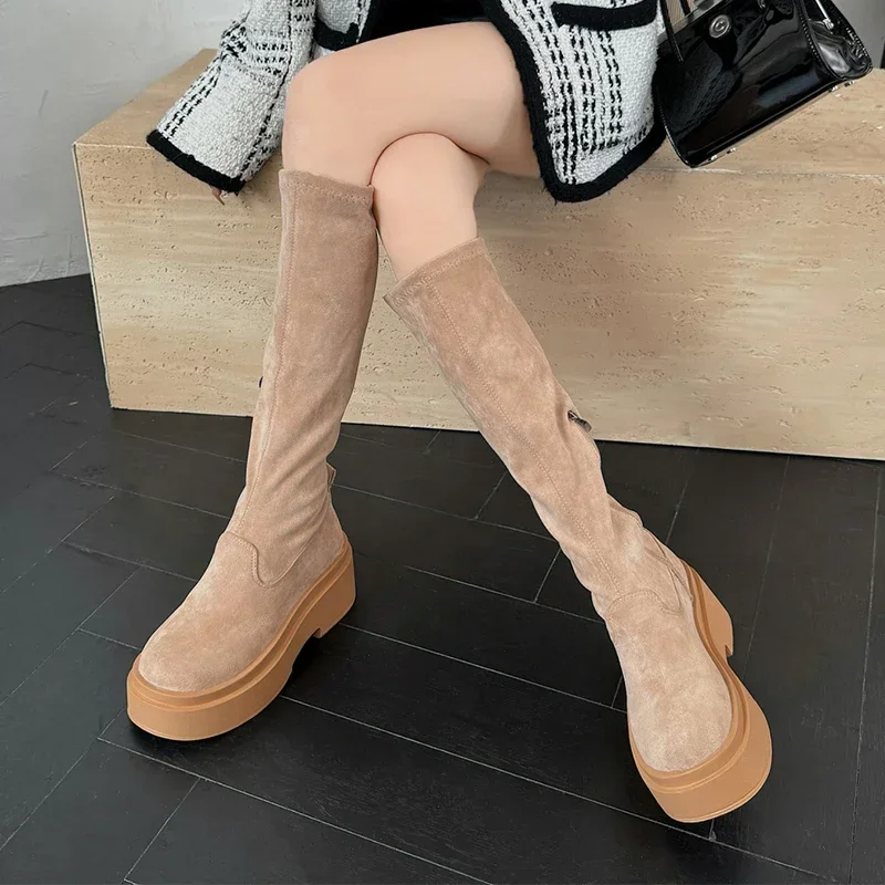 Женские замшевые высокие сапоги на платформе Сапоги выше колена высоком каблуке