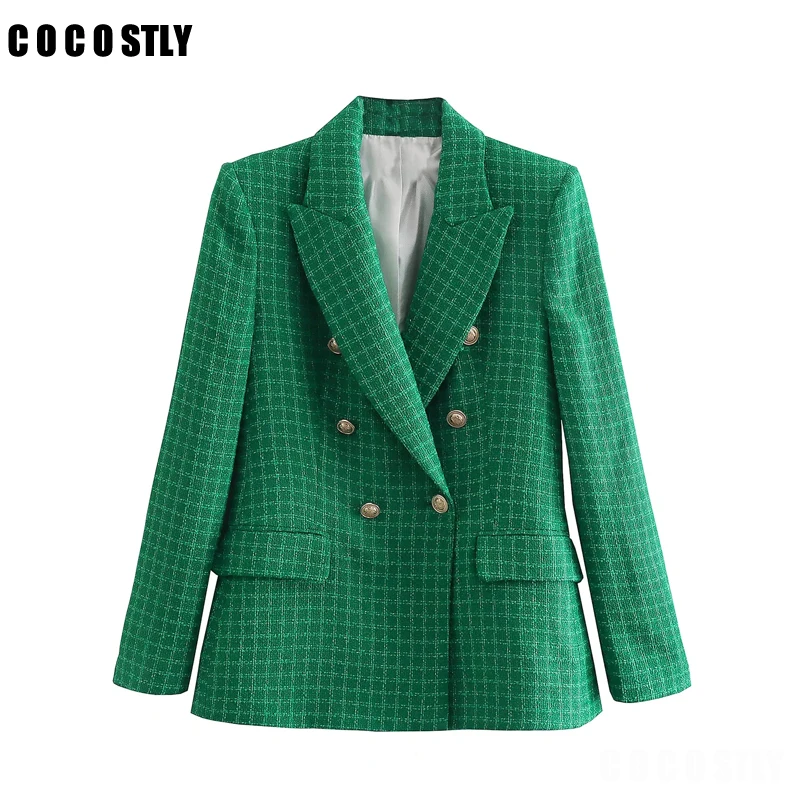 

New 2022 Blazer Women Green Tweed Double Breasted Blazere Suit Fashion Plaid Print Jackets Coats Female Casual Tops veste femme