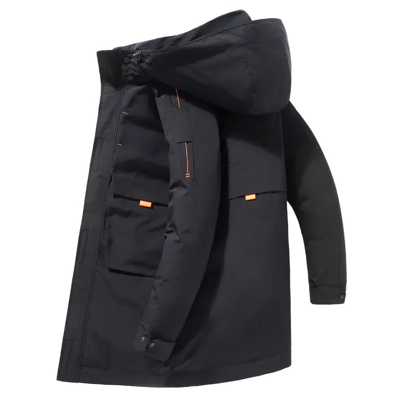 

Куртка New2022 мужская с белым утиным пухом, теплый пуховик с капюшоном, модная длинная приталенная черная зимняя куртка, повседневная одежда д...