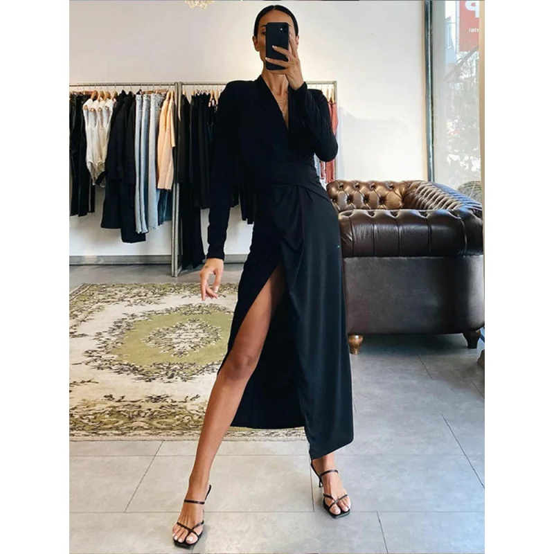 

instahot Light Europe and the United StatesvCollar Elegant Dress for Women2022Early Spring Fashion Padded Shoulder Slim Fit High