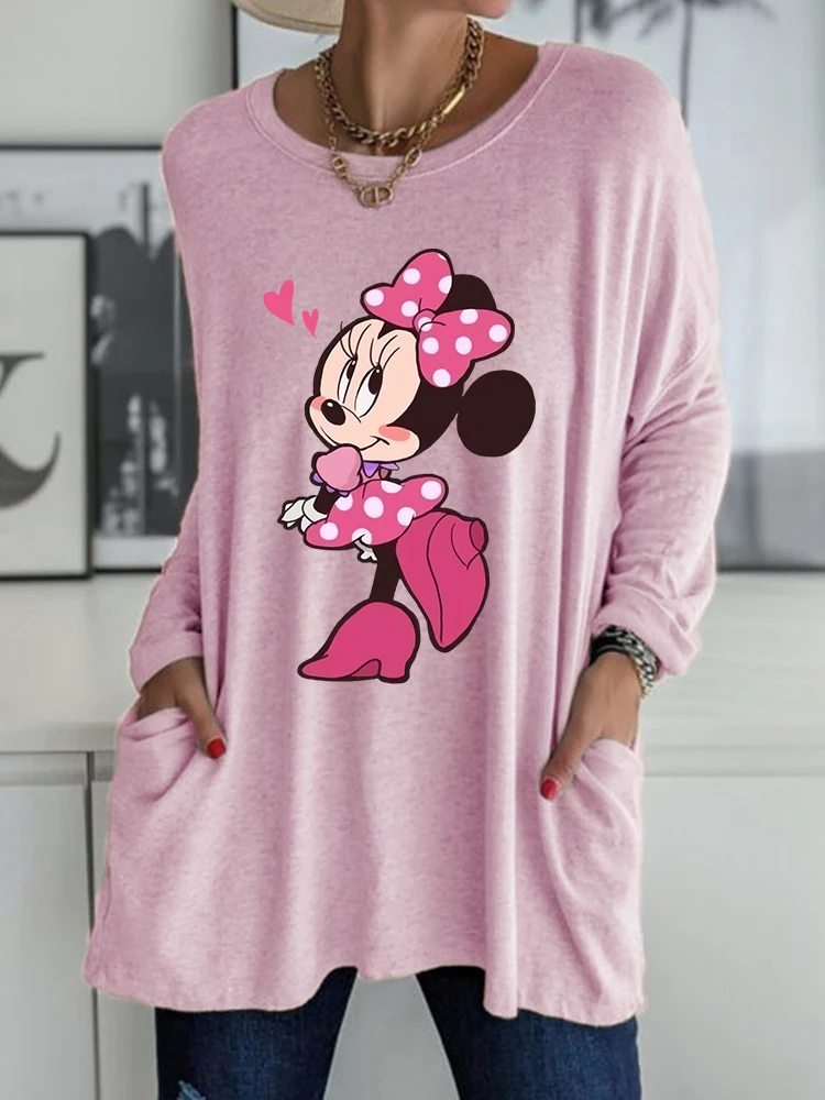 

Minnie Mouse Loose T-Shirt Women Long Sleeve Disney Cartoon Print Pullovers Top Kawaii Female T Shirt O Neck Fall Casual Clothes