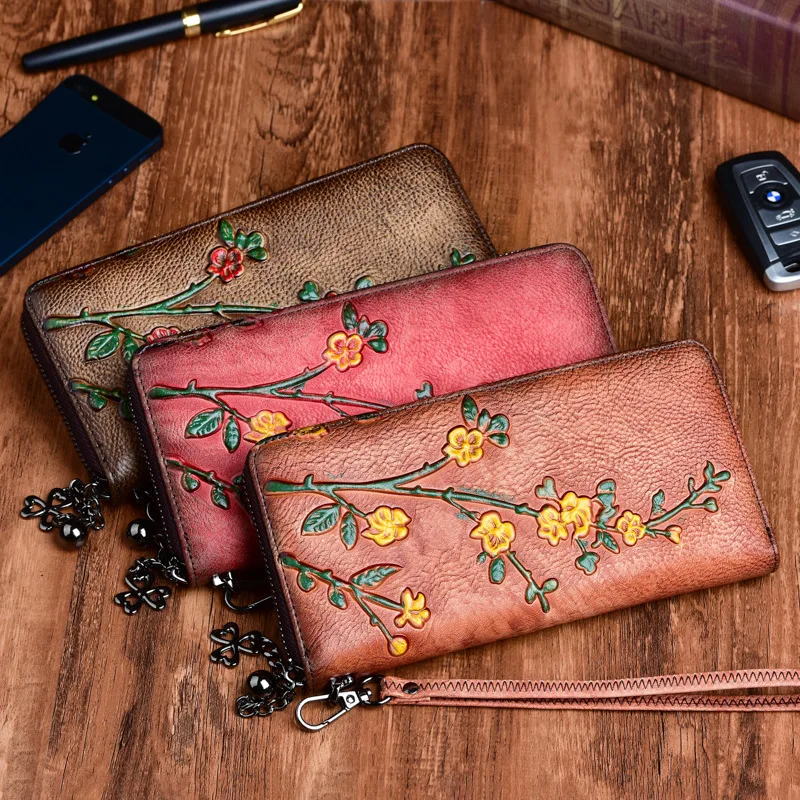 Personalized Long Purse New Styles Vegetable Tanned Leather Long Ladies Purse Retro Embossed Clutch Wallet Long