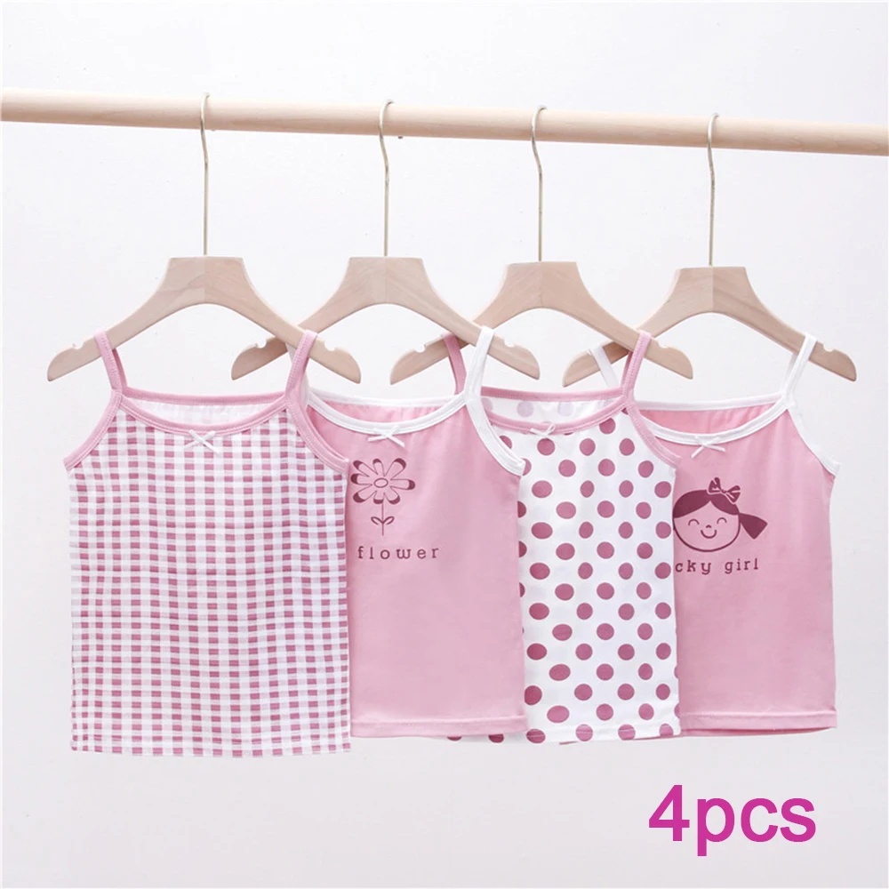 

4pcs/lot summer girls' tank top cartoon underwear youth underwear cotton sports top children's underwear suspender dot plaid pri