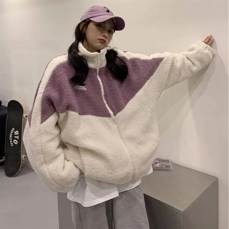 

2022 New Streetwear Women's Stitching Collision Color Design Sense Top Ins Style Korean Cardigan Jacket Thickened
