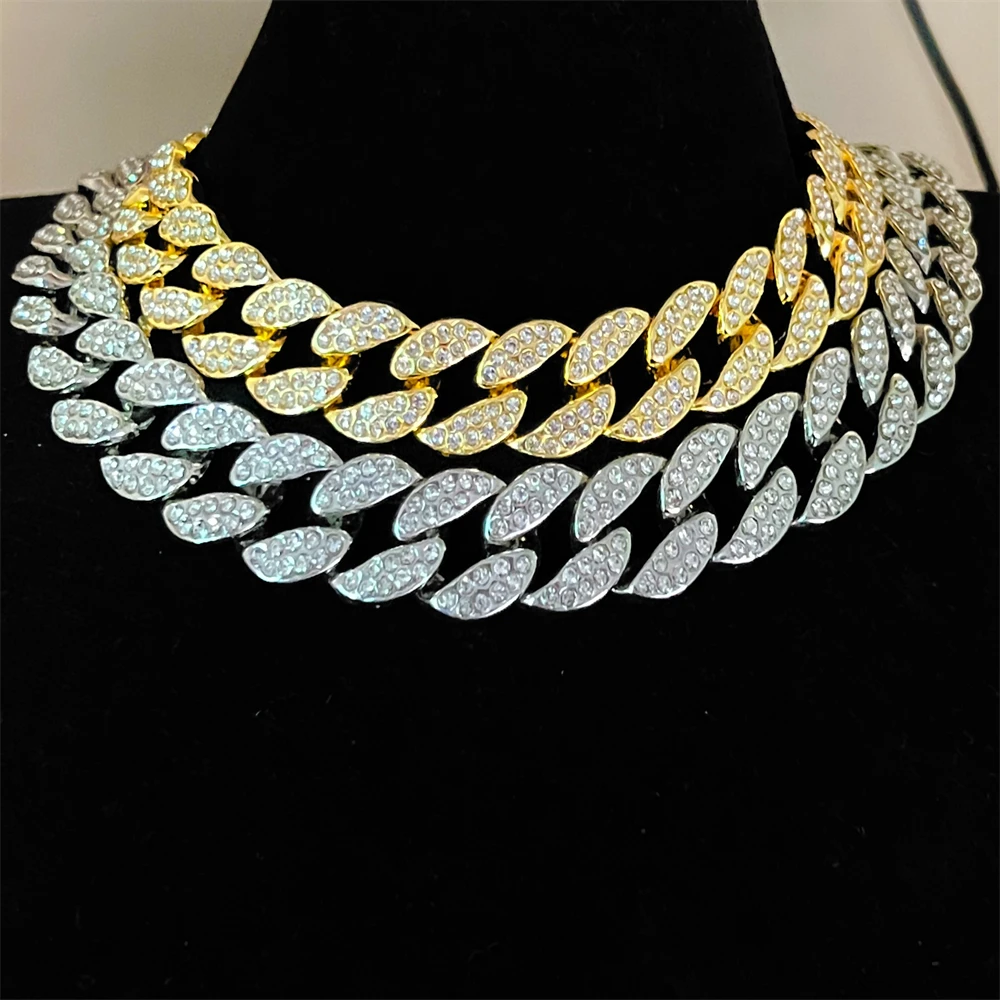 

15mm Crystal Miami Iced Out Cuban Link Chain Necklace For Men&Women Full Rhinestones Charms Hip Hop Jewelry Chain Bracelet Gift