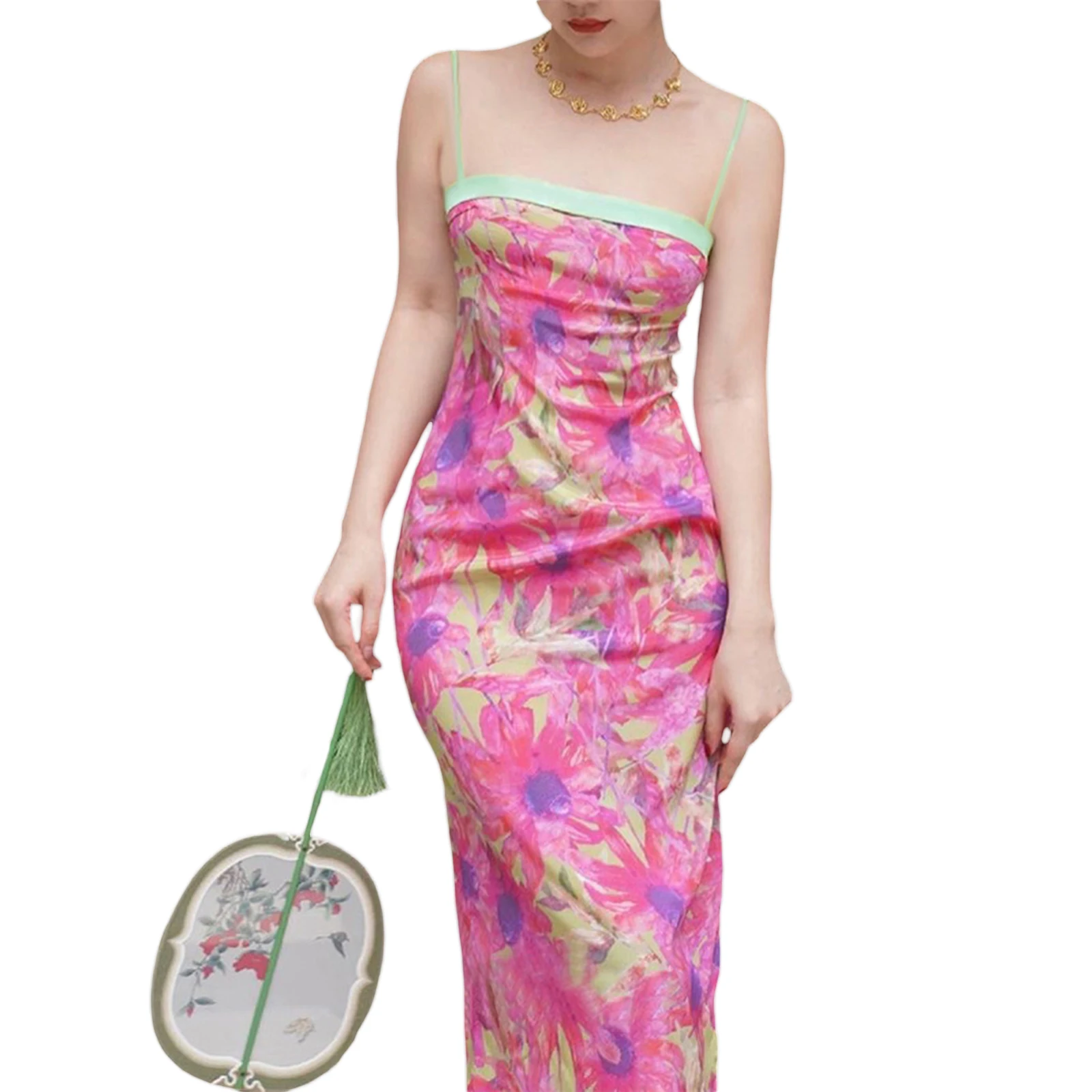 

Женское летнее платье-миди без рукавов с глубоким вырезом, разрезом сбоку, цветочным принтом, платье на бретелях-спагетти