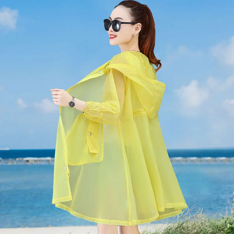 

New Korean Mid-Length Sun Protection Clothing Women Cardigan Jacket Hooded Spring Summer Zipper Windbreaker Female Tops E109