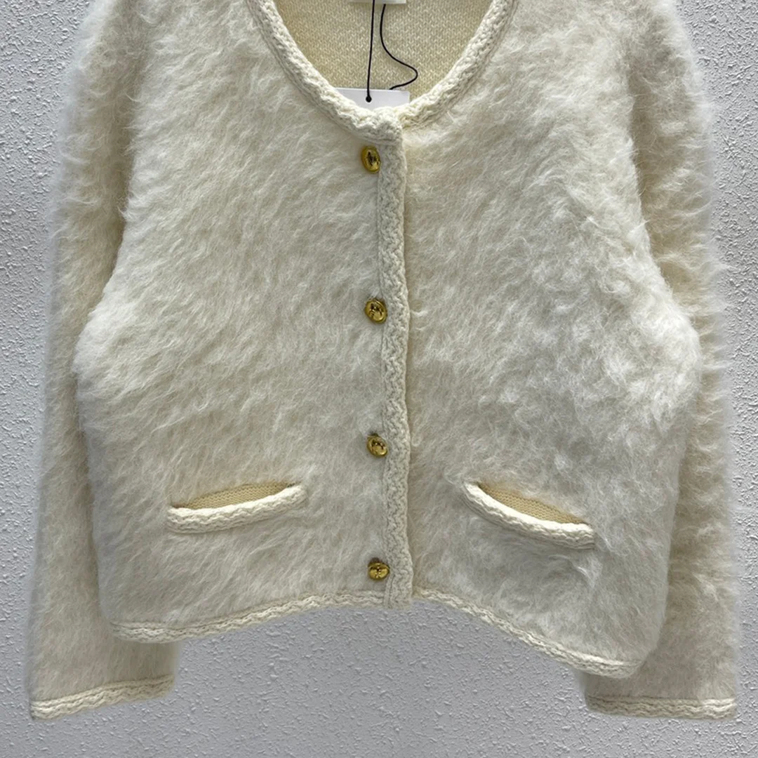 

Round Neck High Ladies Quality Alpaca Luxury Cardigan Original Button Pocket Design Famous Brand Sweater Jacket