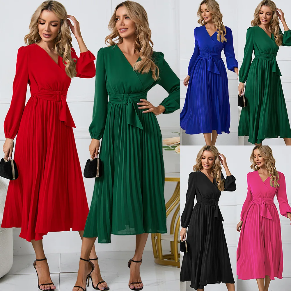 

2023 European and American Women's New Long Sleeved Slim Fitting Pleated Belt V-neck Dress A-line Skirt