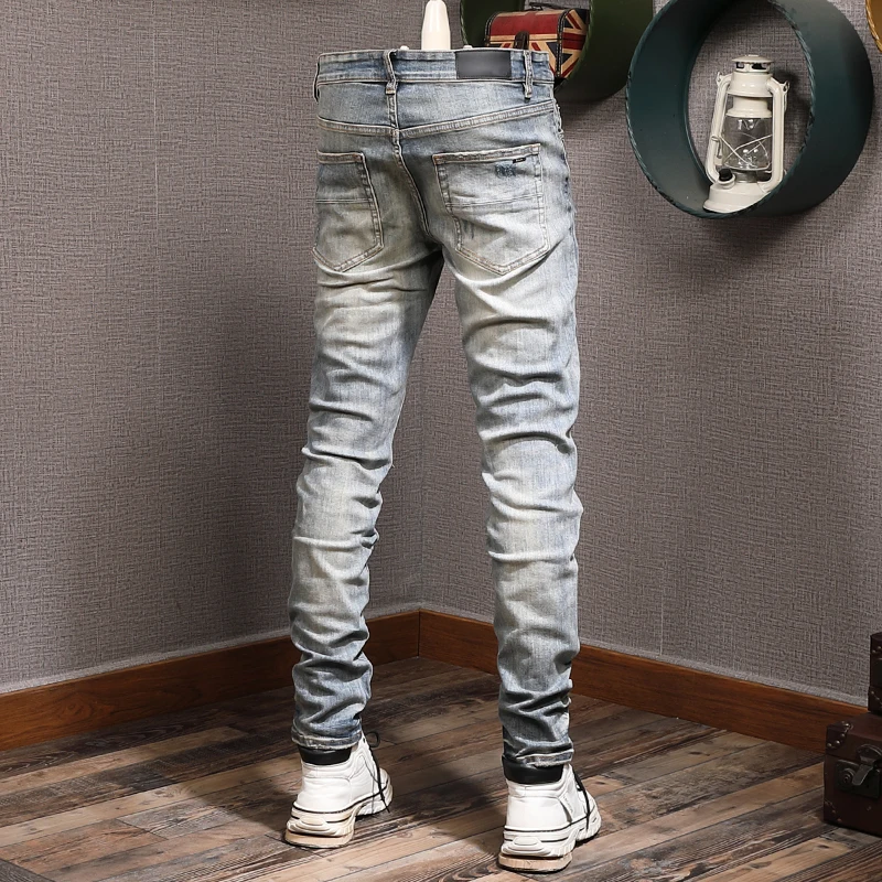 Streetwear Fashion Men Jeans Retro Blue Stretch Elastic Slim Fit Hole Ripped Jeans Men Patch Designer Hip Hop Brand Pants Hombre