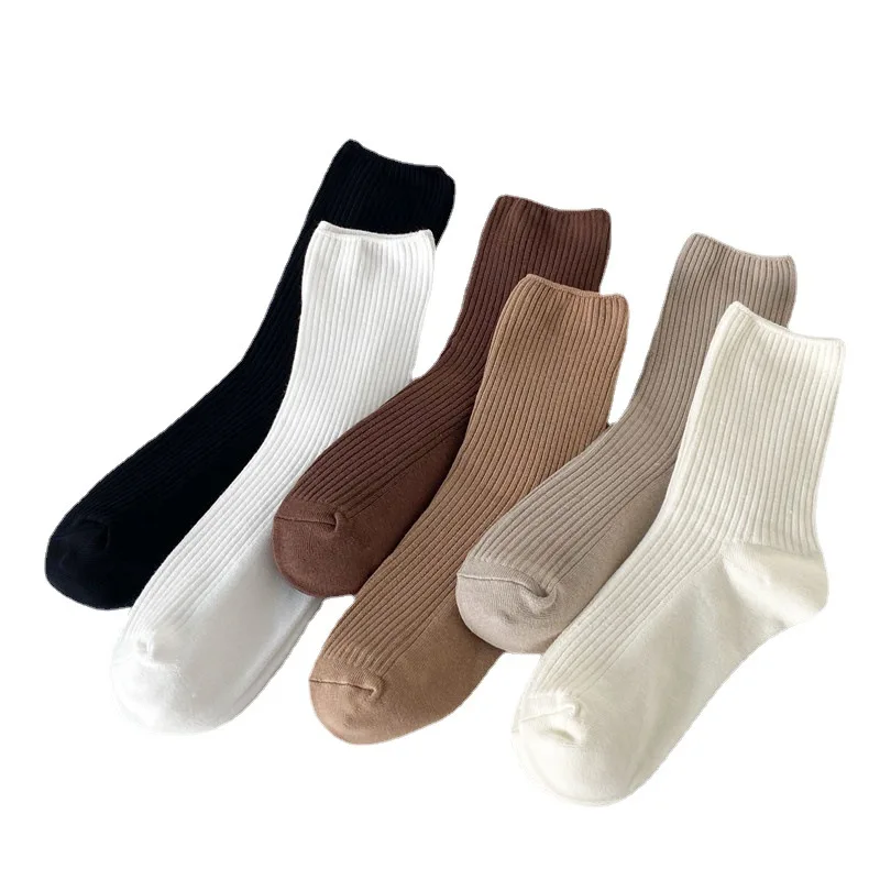 Retro Solid Color Middle Tube Socks Women Lady Cotton Loose Socks Autumn Winter Girls Knitting Basic Daily Socks