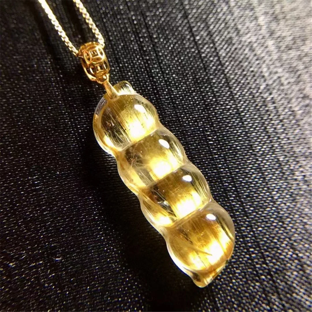 

Natural Gold Rutilated Quartz Pendant Jewelry For Woman Lady Man Wealth Healing Reiki Gift 18K Gold Crystal 24x8x6mm Beads AAAAA