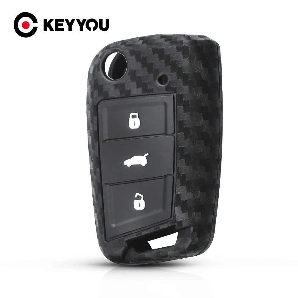 Ключ-брелок KEYYOU на 3 кнопки для Volkswagen VW Golf 7 Mk7 Skoda Octavia A7, защитный чехол на ключ из карбонового волокна с силиконовым покрытием.