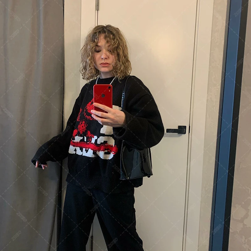 

Dark women Loose Pullover Top High Street Hip Hop Trend Pullover Spring Round Neck Long Sleeve Top Personality Pattern Top