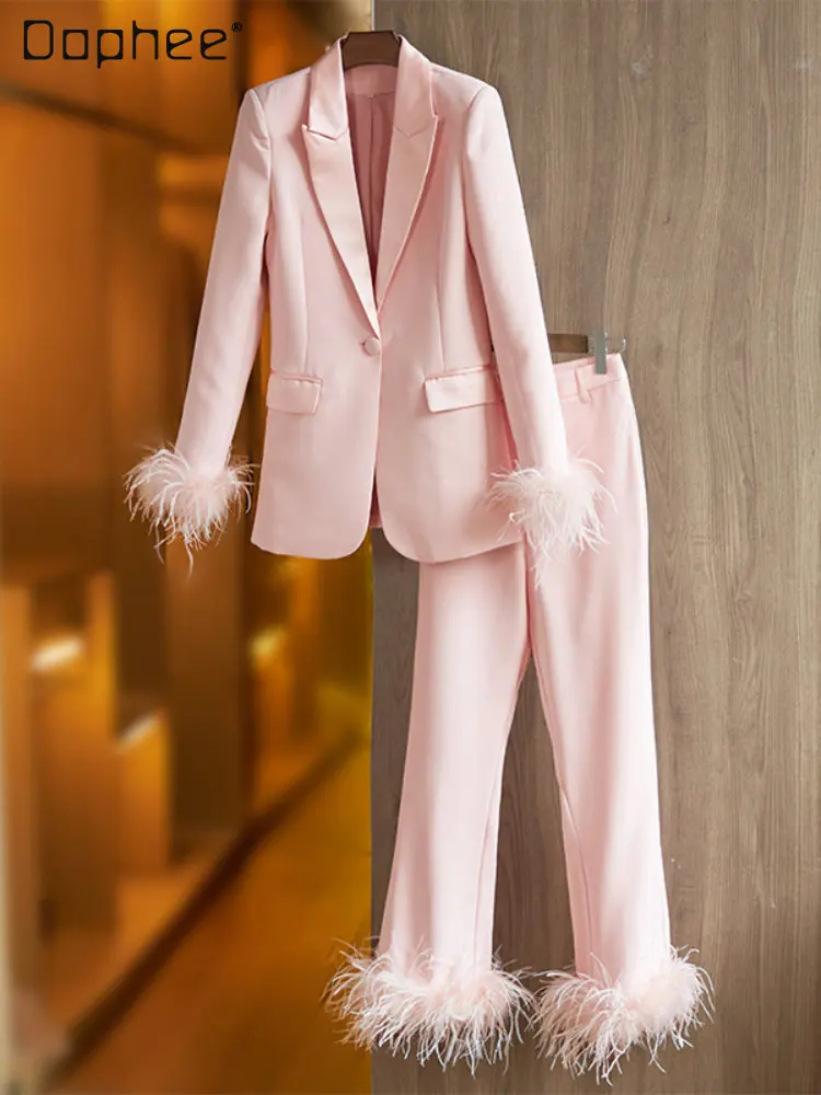 

Pink Feather Stitching Pants Suit Two-Piece Set 2022 Autumn Women Elegant Long Sleeve Blazer Coat and Cross-Border Trouser Set