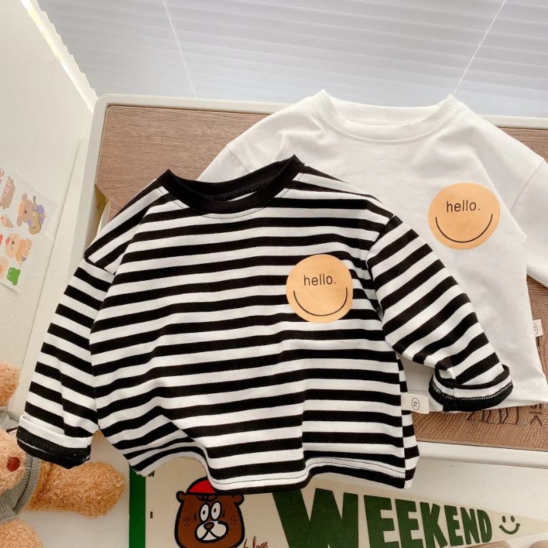 Купи Autumn Baby Boys Striped T Shirts Children's Bottoming Shirt Spring Toddler Girls Smiley Face T-shirt Tops Kids Cotton Clothes за 479 рублей в магазине AliExpress