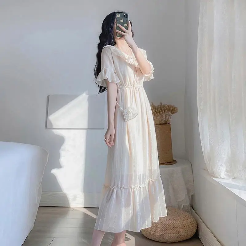 

2022 Summer Women's New French Solid Color Loose Dress Female Short Sleeve Pullover Dresses Ladies Long A-line Vestidos W12