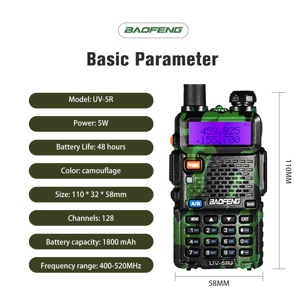 Camouflage Baofeng Radio Dual Band UV-5R 1800mAh Walkie Talkie Dual Display 136-174/400-520 MHz Two Way Radio with Free Earpiece