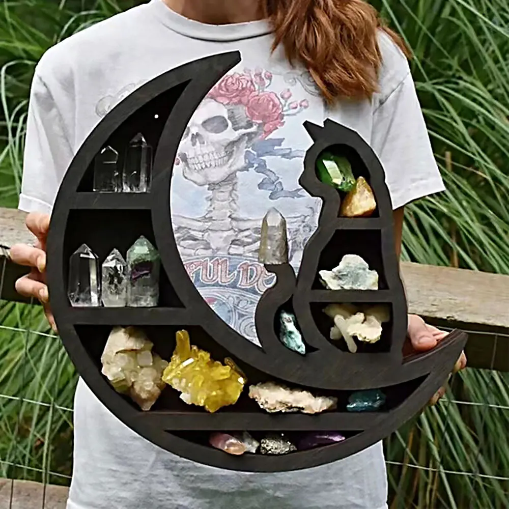 

Деревянная полка с кристаллами в виде кошки и Луны, стена для хранения, Женский органайзер, готическое украшение, стеллаж для демонстрации х...