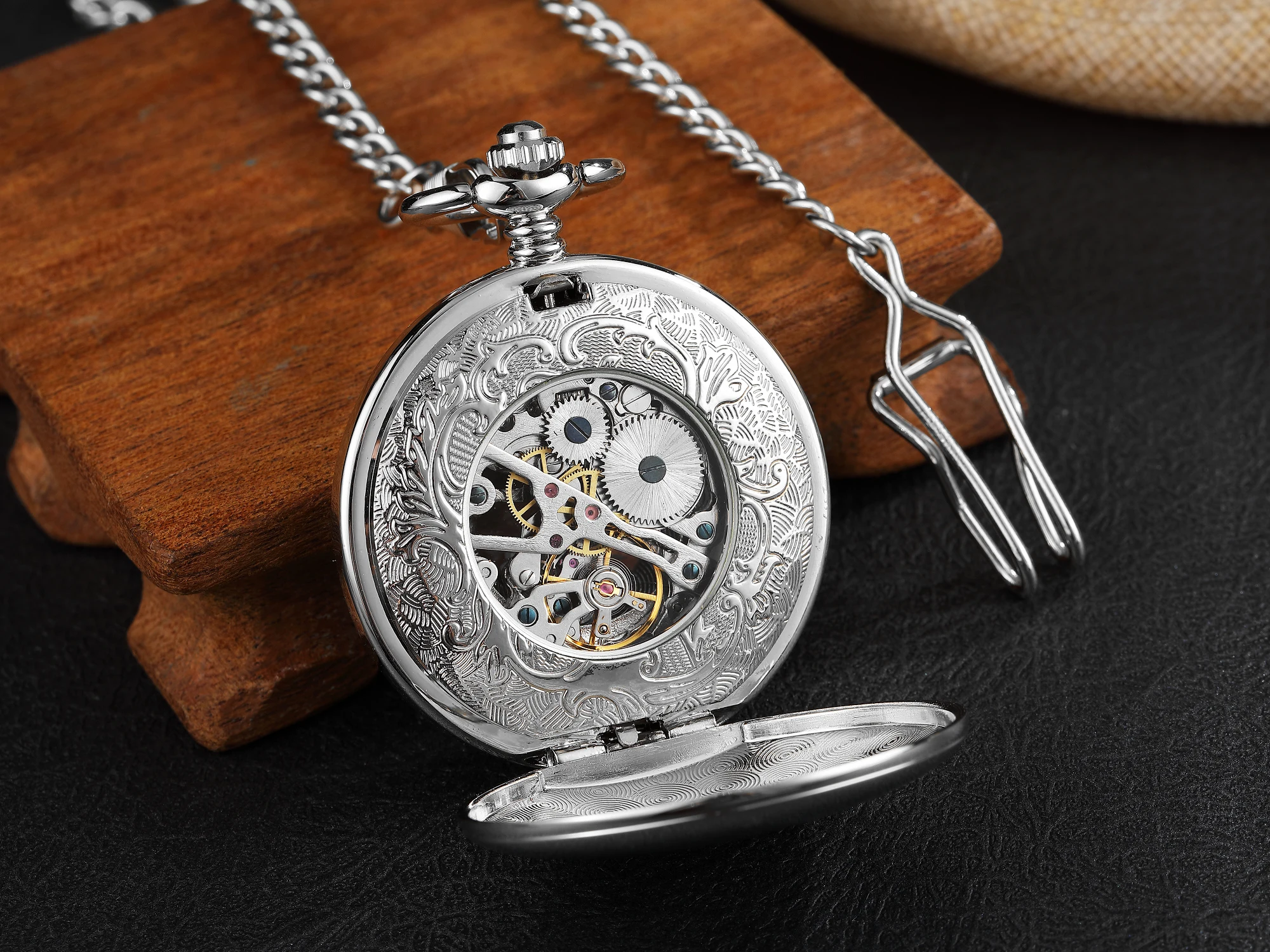 Full Silver Antique Steampunk Vintage Roman Numerals Automatic Mechanical Pocket Watch Necklace Retro Clock Chain Reloj Hombre