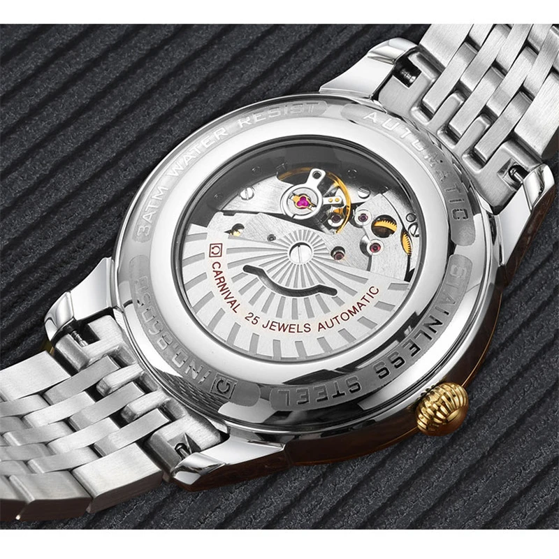 CARNIVAL Top Brand Luxury Men Stainless Steel Automatic Mechanical Watch Men's Watches Luminous Waterproof Calendar Display 8605 enlarge