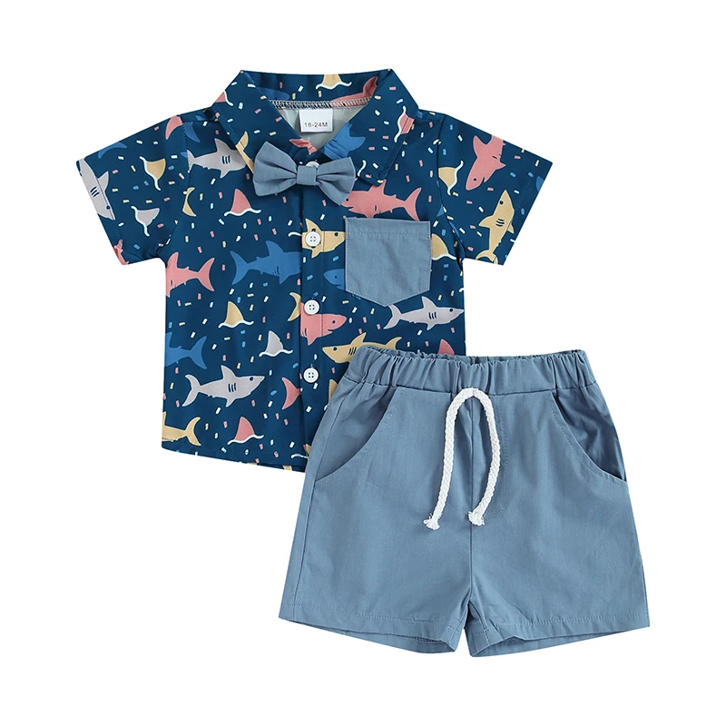 

Рубашка с коротким рукавом и шорты, однотонная, с мультяшным принтом акулы