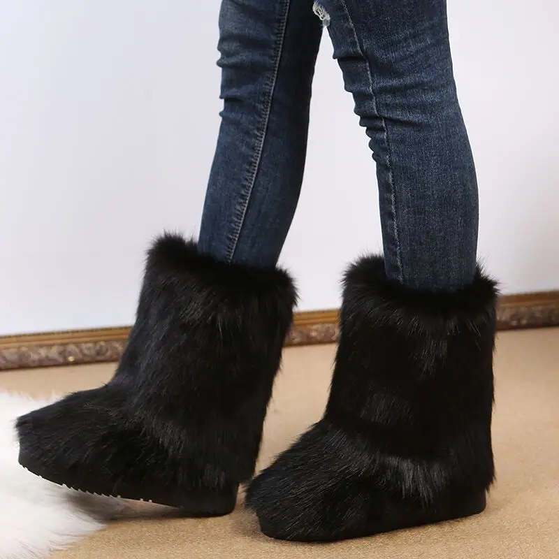 Women Snow Boots Outdoor Winter Luxury Furry Faux Fur Boots Ladies Plush Boots Long Warm Fur Boots Fashion Shoes Big Size