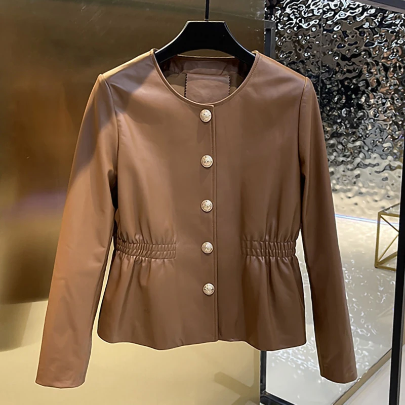 2023 New Lady Leather Jackets Round Neck Single Breasted Solid Genuine Sheepskin Short Coat Elegant Fashion Streetwear AEL4938
