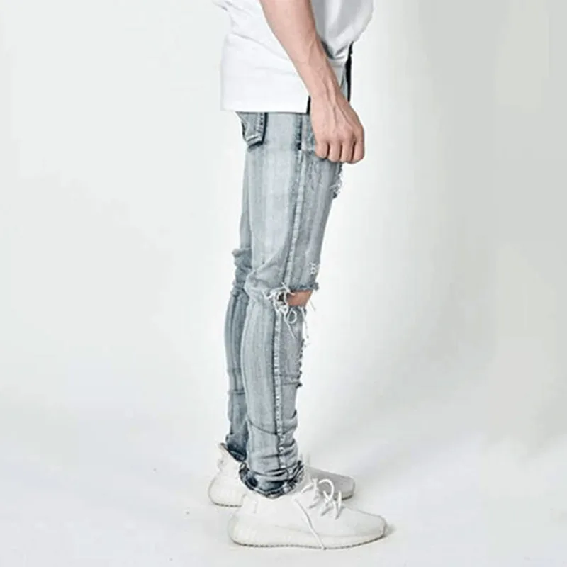 High Street Trend Men's Jeans Personality Hole Jeans Streerwear Men's Slim Fit Boys' Leggings Denim Pants Full Length Trousers