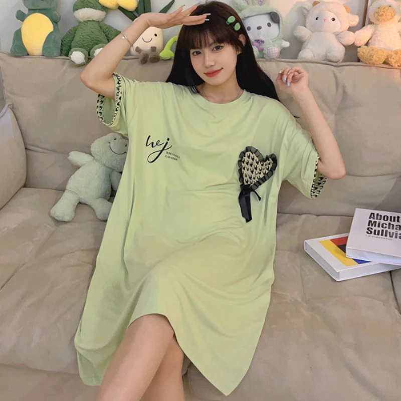 Pajamas Women's Summer Thin Cool Feeling Short-sleeved Cartoon Embroidered Nightgowns Home Service Mid-length Skirt Sleepwear