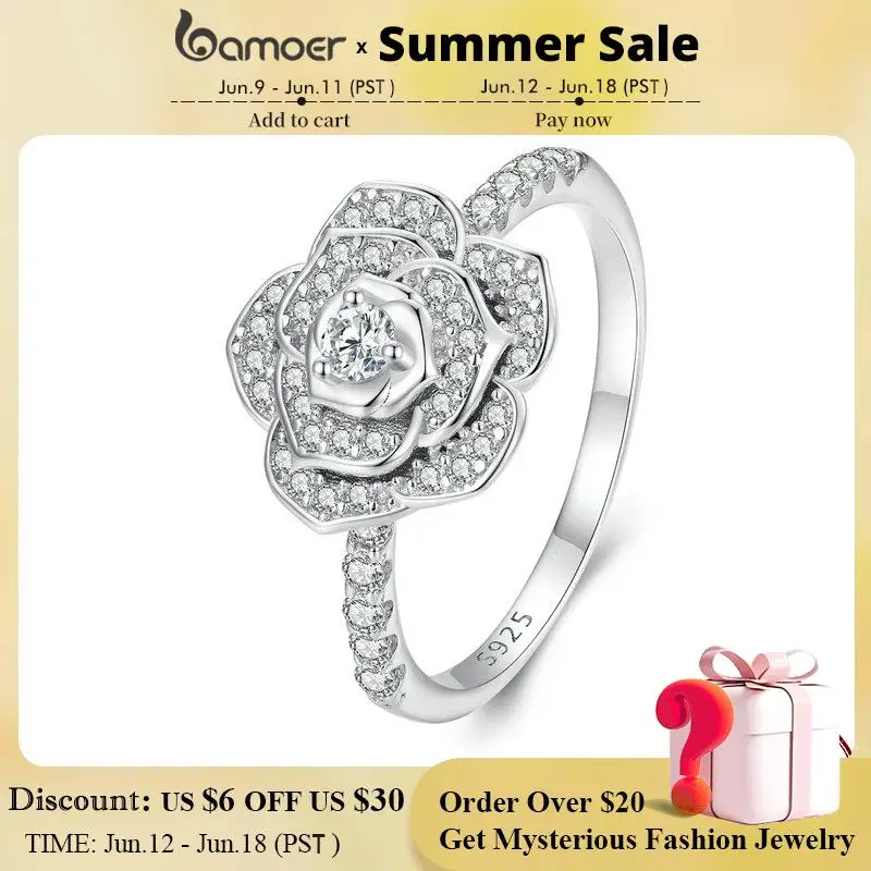 

Bamoer 925 Sterling Silver Luxury Flower Ring Delicate Clear Rose Ring Pave Setting CZ for Women Fine Jewelry Gift