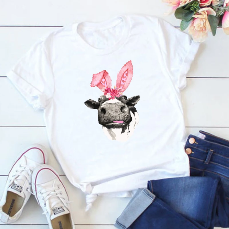 

Funny Easter Shirt for Women with A Cow with Bunny Ears Unisex Spring T-Shirt Heifer Please with Rabbit Ears Tee Summer L