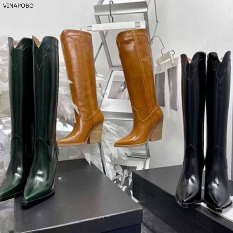 

Женские сапоги до колена, черные или зеленые сапоги на танкетке, с острым носком, на высоком каблуке, в западном стиле, Осень-зима 2022