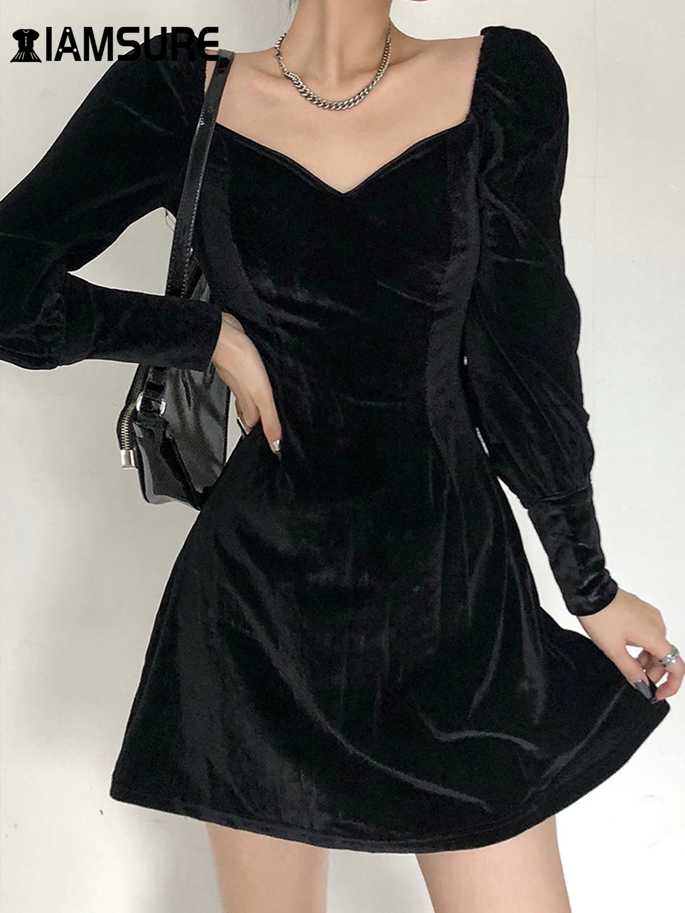 IAMSURE Элегантное модное тонкое бархатное платье базовое мини-платье с квадратным