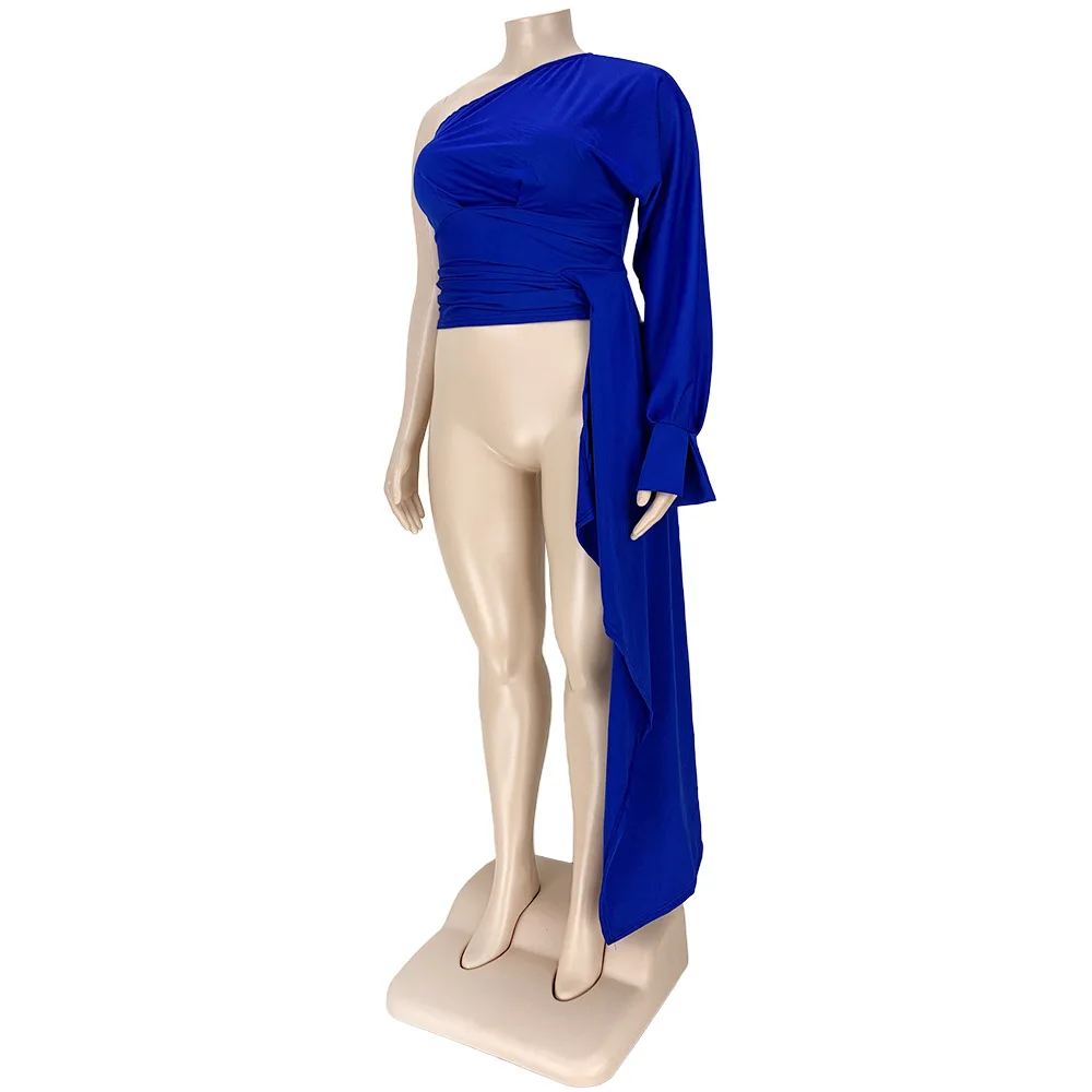 Plus Size Fashion Asymmetrical Top One Shoulder Puff Sleeve Tight Waist Lady Tees Casual Streetwear Matching Autumn Clothings