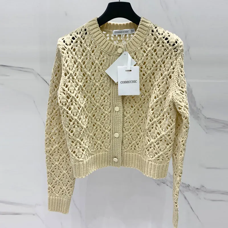 

New 100%Wool Yellow Knitted Cardigan Fashion Elegant Round Neck Singel Breasted Hallow Out Short Tops Women High Quality Clothes