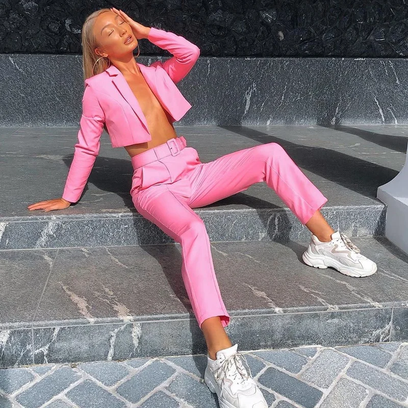 Casual Buttonless Short Blazer with Free Belt Pencil Pants Suits 2021 Women Solid Colors V-Neck Slim Blazer New Simple Pants Set