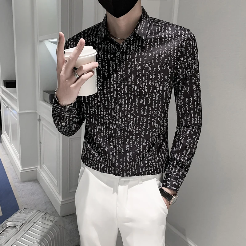 Full Letter Print Men Long Sleeve Casual Shirts 2021 Autumn Business Formal Dress Shirts Slim Fit Streetwear Social Party Blouse