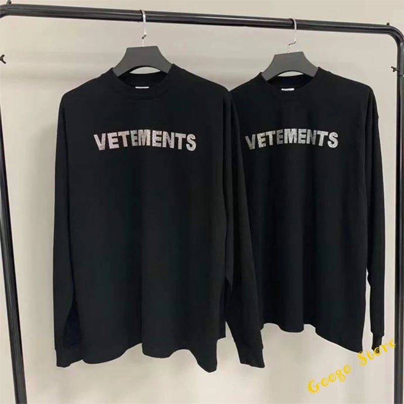 

Hip-Hop Flash Drilling Vetements Long Sleeve T-shirt Men Women 1:1 Best Quality Back Heart Flame Bling VTM T Shirt Top