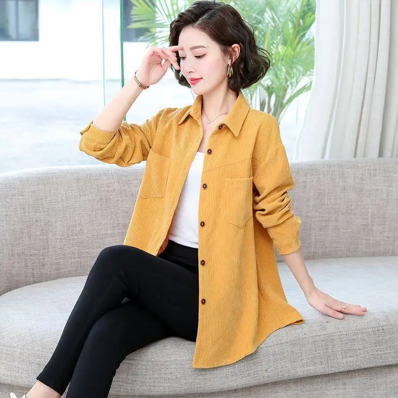 Fashion Corduroy Jacket Womens Shirt Spring and Autumn New Korean Simple Single Breasted Long Sleeve Lapel Solid High Quality