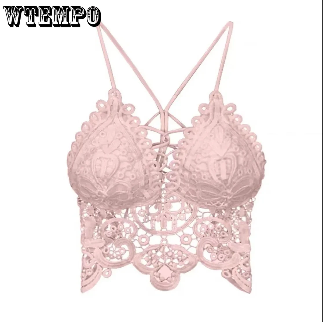 

Crop Tank Top Women Y2k Camisole Top Retro Hollow Beauty Back Tube Top All-match Sexy Lace Bra Without Steel Ring Hook Flower