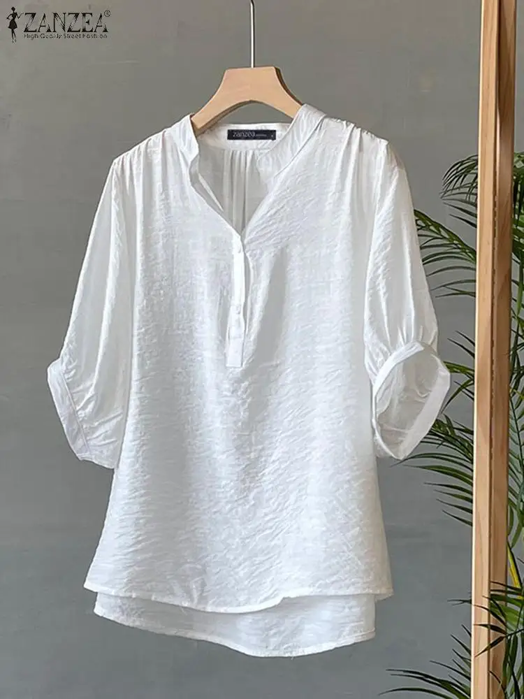 

ZANZEA 2023 Office Lady Commuting Blouses Women Casual Shirts Fashion Solid Color Tops Summer Holiday Half Sleeve V-neck Tunics