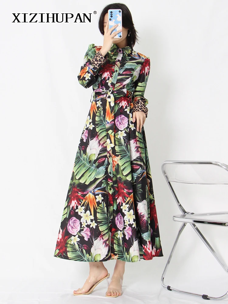 

XIZIHUPAN Vintage Loose Midi Dress For Women Lapel Long Sleeve High Waist Print Floral Colorblock Dresses Female Clothing Spring