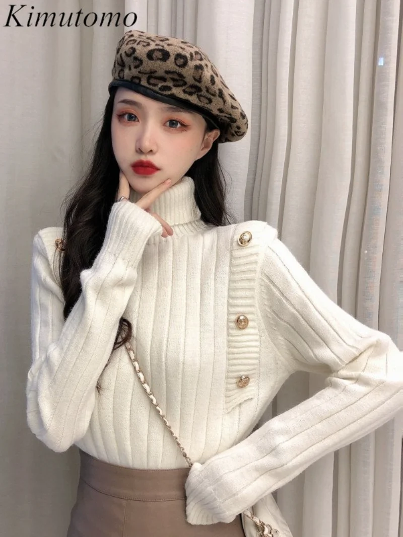 

Kimutomo элегантный вязаный пуловер с воротником «хомут» и пуговицами, Женский мягкий Однотонный свитер с длинными рукавами