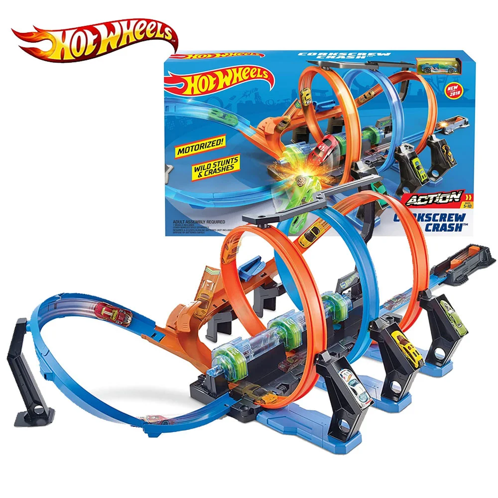 

Hot Wheels Corkscrew Crash Track with Motorized Boosters Alloy Car Electric Track Racing Car Loops Kids Toys Birthday Gift FTB65